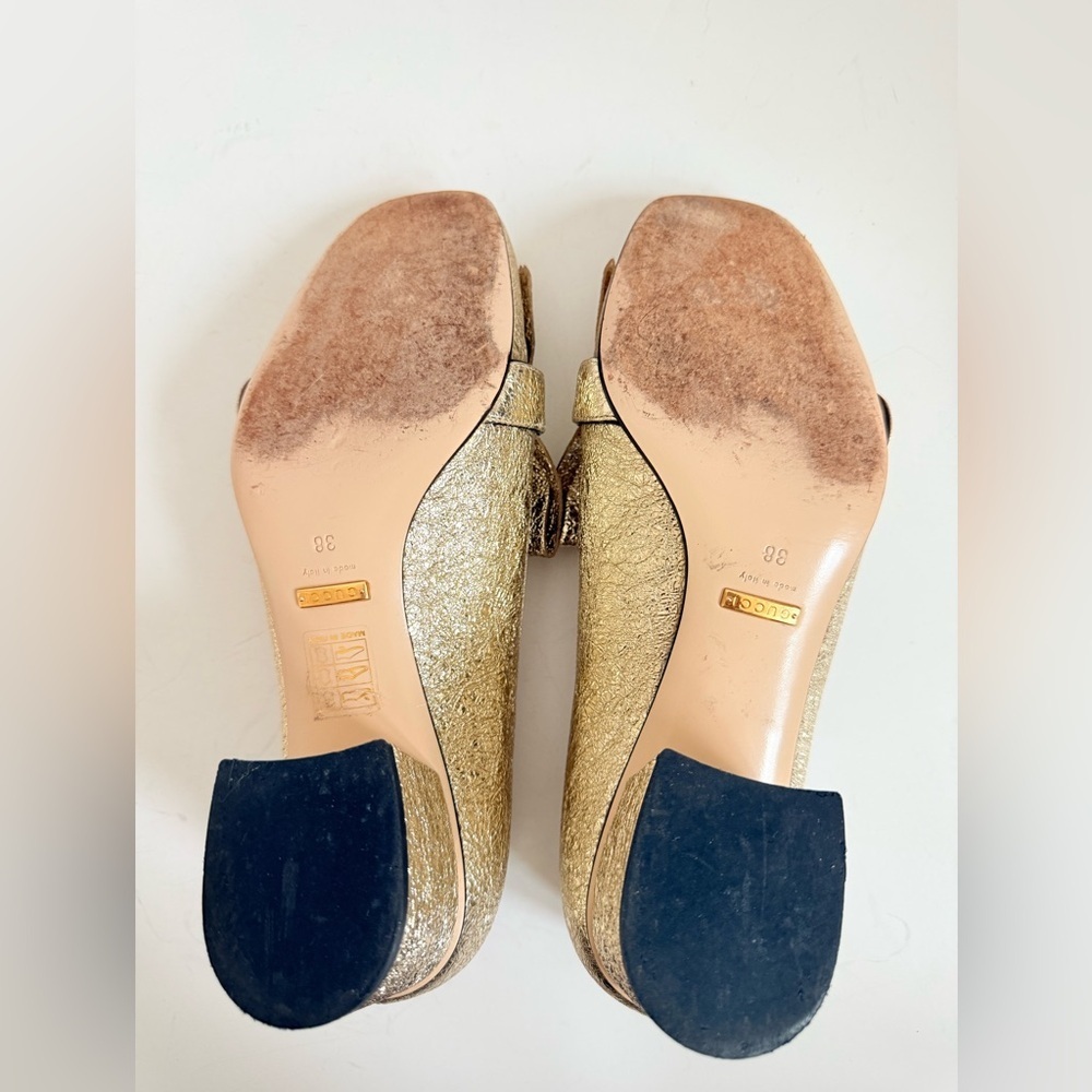 Gucci Gold Metallic leather GG fringe Marmont 55mm Heeled Loafer pumps EU 38 - Picture 9 of 12